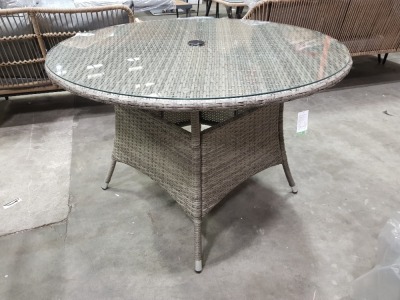 1 X BRAND NEW STUDIO RATTAN GLASS TOP ORLA GARDEN TABLE IN BROWN COLOUR - NO CHAIRS - NO UMBRELLA