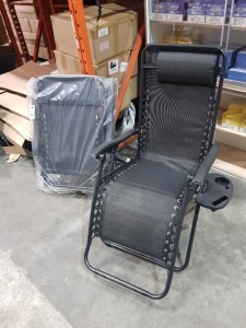 SET OF 2 BRAND NEW FOLDING METAL ZERO GRAVITY SUN LOUNGERS - INCLUDES CUP HOLDERS - IN BLACK COLOUR