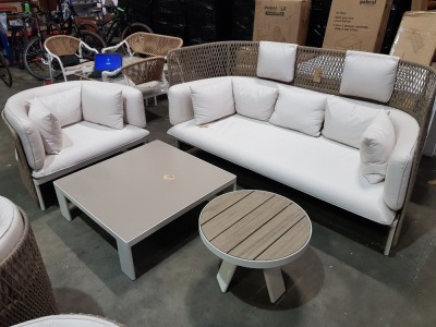 4 PIECE ETHIMO HIGH END ITALIAN OUTDOOR FURNITURE LOT TO INC - ESEDRA 3 SEATER HIGH BACK SOFA, ESEDRA SQUARE COFFEE TABLE DIM-90X90, ESEDRA LOUNGE ARMCHAIR AND A ESEDRA ROUND COFFEE TABLE. RRP £5,337.68