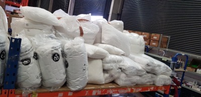 30 + BRAND NEW MIXED BEDDING LOT CONTAINING 4.5 TOG ISLAND DUVETS , MUSBURRY PEACHSKIN DUVET SIZE SUPERKING 260 X 200CM TOG 10.5 WITH MIXED PILLOWS AND CUSHIONS ETC ON A FULL BAY