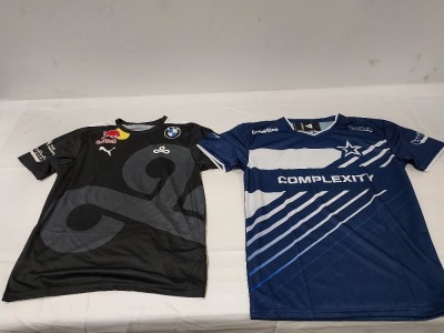 30 X BRAND NEW MIXED JERSEY LOT TO INCLUDE HUMMEL ASTRALIS GAME JERSEYS IN BLACK - NATIONS COMPLEXITY PRO JERSEYS IN BLUE - PUMA CLOUD 9 PRO JERSEYS IN BLACK IN VARIOUS SIZES