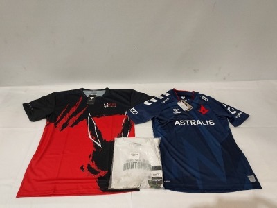 30 X BRAND NEW MIXED JERSEY LOT TO INCLUDE CDL SS HOME JERSEY IN WHITE - HUMMEL ASTRALIS LOL JERSEYS IN NAVY - NATIONS MISS FITS PRO JERSEYS IN BLACK AND RED IN VARIOUS SIZES