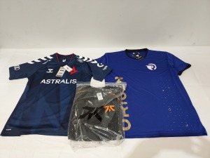 30 X BRAND NEW MIXED JERSEY LOT CONTAINING HUMMEL ASTRALIS JERSEY IN BLUE - FNATIC LONGSLEEVE JERSEY IN BLACK - NATIONS ORIGEN PRO JERSEY IN BLUE ALL IN VARIOUS SIZES