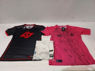 40 X BRAND NEW MIXED JERSEY LOT TO INCLUDE GOOD CRAZY PRO JERSEY IN PINK - MIBR PRO JERSEYS IN BLACK - ACTIVISION CDL SS JERSEY IN WHITE - CLG PRO JERSEY IN BLACK AND RED IN VARIOUS SIZES