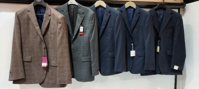 10 PIECE BRAND NEW MIXED SUIT JACKET LOT CONTAINING KENETH COLE JACKET IN NAVY 30S £230, PIERRE CARDIN JACKET IN GREY 40L £63, RICHARD JAMES JACKET IN NAVY 42R £240, ETC