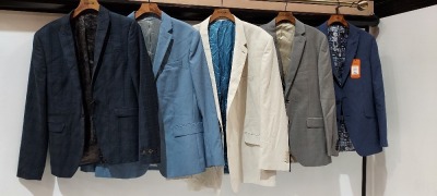 10 PIECE BRAND NEW MIXED SUIT JACKET LOT CONTAINING HUGO JAMES JACKET IN BIEGE 58R - £150 - KENNETH COLE JACKET IN NAVY 44L - £180 - LABEL LAB IN DARK BLUE 36R £120 ETC