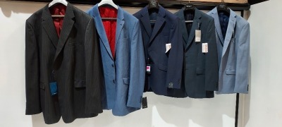 10 PIECE BRAND NEW MIXED SUIT JACKET LOT CONTAINING JOHNATHON CHARLES IN NAVY 56R £155 - HUGO JAMES IN BLUE 50R £160 - SCOTT AND TAYLOR IN BLUE 46R £130 ETC