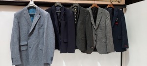 9 PIECE BRAND NEW MIXED SUIT JACKET LOT CONTAINING LIMEHAUS IN NAVY 40R £95 - PIERRE CARDIN IN NAVY 42L £175 - TWISTED TAYLOR IN BLACK 52R £ 145 ETC