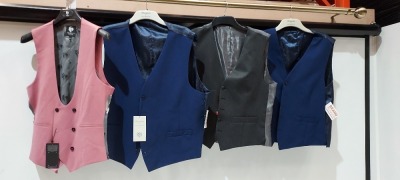 15 PIECE MIXED BRAND NEW WAIST COAT LOT TO INCLUDE TWISTED TAYLOR IN PINK SIZE 40R - SCOTT AND TAYLOR IN BLUE 50R £50 - RICHARD JAMES IN NAVY £135 ETC