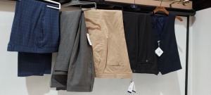 10 PIECE MIXED PANTS LOT TO INCLUDE RICHARD JAMES CHINOS TROUSERS IN GREEN 32 £115 - LABEL LAB LINGARD BLUE 32R £80 - JOHNATHON CHARLES PEWTER 62R $90 ETC