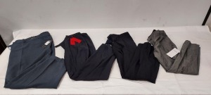 10 PIECE MIXED PANTS LOT TO INCLUDE FARAH IN AIR FORCE 60R - HUGO BOSS IN NAVY 54R £85 - SCOPES IN GREY 34L £39 ETC