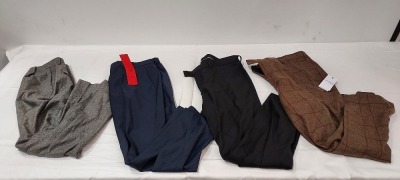 10 PIECE MIXED PANTS LOT TO INCLUDE HUGO BOSS IN DARK BLUE 27R £130 - LIMEHAUS IN LIGHT GREY 36S £64 - HUGO BOSS IN BLUE 46R - ETC