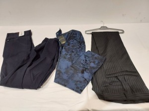 10 PIECE MIXED PANTS LOT TO INCLUDE JOHNATHON CHARLES IN NAVY 38R £85 - RICHARD JAMES IN NAVY 34R £155 - JOHNATHON CHARLES IN NAVY 60R £55 ETC