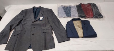 10 PIECE MIXED SUIT JACKET LOT TO INCLUDE - ASTON AND GUNN IN GREY 4R £105 - JOHNATHON CHARLES PEWTER 58R £170 - HOWICK IN BLUE 40 £120 - ETC