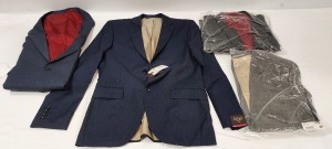 10 PIECE MIXED SUIT JACKET LOT TO INCLUDE - JOHNATHON CHARLES IN NAVY 60R £155 - CORSIVO IN NAVY 38R £230 - JOHNATHON CHARLES IN PEWTER 48S £170 ETC