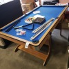 1 X PRE BUILT FOLDING RILEY 6 FT POOL TABLE - BLUE AND BROWN INCLUDES CUES / BALLS / TRIANGLE / SCORE BOARD / BRUSH ( L 185 X W 96 X H 78 CM ) PLEASE NOTE THIS IS CUTOMER RETURN - NO DAMAGE FOUND )