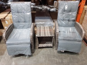 1 X STUDIO PANAMA RATTAN RECLINER SET IN GREY TO INCLUDE 2 X RATTAN CUSHIONED RECLINERS AND 1 X RATTAN GLASS TOP TABLE - IN BOX - BOX SLIGHLTY DAMAGED ( PLEASE NOTE THIS IS CUSTOMER RETURN )