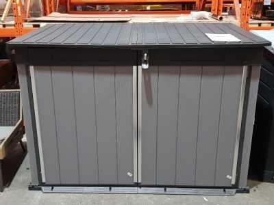 1 X KETER PREMIER JUMBO OUTDOOR STORAGE BOX - LOCKABLE WITH PADLOCK ( NOT INCLUDED ) - W 190 CM X D 106 CM X H 132 CM - 2020 L CAPACITY - FITS 3 X 240 LITRE WHEELIE BINS IN BOX - BOX IS WATER DAMAGED