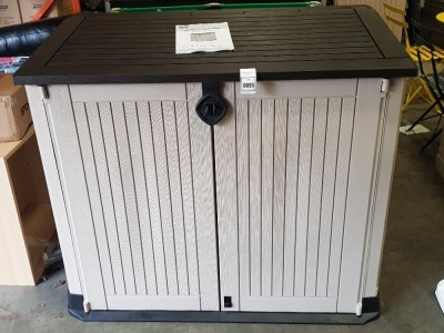 1 X KETER PREMIER MEDIUM OUTDOOR STORAGE BOX - LOCKABLE WITH PADLOCK ( NOT INCLUDED ) - W 130 CM X D 70 CM X H 115 CM - PRE BUILT - DAMAGE ON BACK CORNERS - FEW SCRATCHES ON BODY - STILL FULLY FUNCTIONAL