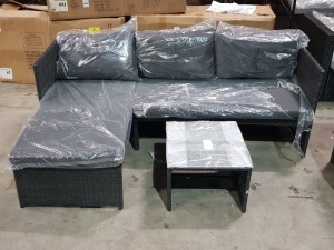 1 X BRAND NEW BOXED STUDIO KAUAI CORNER RATTAN CHAISE SOFA SET - IN BLACK AND GREY 2 SEATER SIZE : W123 X D 64 X H 67 CM CHAISE SIZE : W 64 X D 123 X H 67 CM TABLE SIZE : W45 X D 45 X H 33 CM - IN 1 BOX - BOX SLIGHTLY DAMAGED