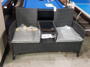 1 X STUDIO 2 SEATER RATTAN BISTRO SET WITH BUILT IN SMOKED GLASS TOP - IN BLACK WITH GREY CUSHIONS