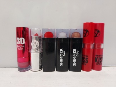 50 X BRAND NEW MIXED W7 LIPSTICKS TO INCLUDE W7 KISS PILLAR BOX RED LIPSTICK / W7 PEARL SHIMMER LIPSTICK / W7 GOLD SHIMMER LIPSTICK / W7 PINK EXPLOSION 3D GLITTER KISS LIPSTICK / W7 BUTTER KISS RED TULIP LIPSTICK / W7 BUTTER KISS RED ROSE LIPSTICK ETC -