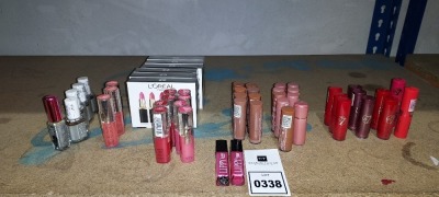 50 X BRAND NEW MIXED MAKE UP LOT CONTAINING ESSIE 429 NAIL LACQUER / LOREAL 711 SUMMER SIENNA LIP BALM / LOREAL 708 FEARLESS RED LIP BALM / LOREAL 704 STATEMENT PINK LIP BALM / W7 VANILLA LIPSTICK / W7 BUTTER KISS RED DAWN LIPSTICK / LIPPY BUTTER LONDON L