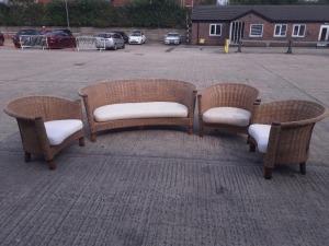 4 PC WICKER GARDEN SET - CONSISTING 3 SEATER CURVED BENCH PLUS 3 X ARMCHAIRS - ALL WITH SEATING PADS