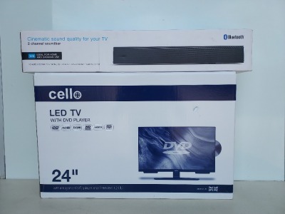 1 X CELLO 24 INCH LED TV WITH BUILT IN DVD PLAYER ( C2424F) (FULLY REFURBISHED - GRADE A ) ALSO TO INCLUDE 1 X BRAND NEW WALL MOUNTABLE 2 CHANNEL BLUETOOTH SOUNDBAR ( MODEL : YW-S15M )