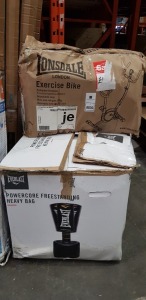 2 PIECE MIXED LOT CONTAINING 1 X EVERLAST POWERCORE FREESTANDING HEAVY BAG - IN BOX 1 X LONSDALE EXERCISE BIKE IN COOL GREY PLEASE NOTE THESE ARE BOTH CUSTOMER RETURN )