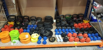 FULL BAY BRAND NEW MIXED WEIGHTS LOT CONTAINING 15KG / 10 KG / 8 KG / 5 KG KETTLE BELLS 3KG / 2 KG / 1 KG DUMBELLS 10 KG / 5 KG / 2.5 KG / 1.25 KG PLATES ON A FULL BAY