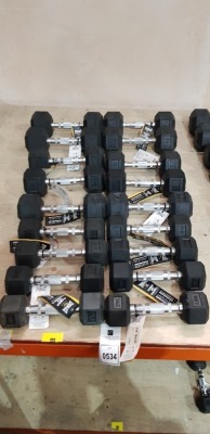 18 X BRAND NEW EVERLAST HEX DUMBELLS - METAL HANDLE - RUBBER WEIGHTS ( 9 SETS OF 2 ) 4 X 5KG / 4 X 4 KG / 2 X 3.5 KG / 6 X 3KG / 2 X 2.5 KG