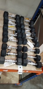 18 X BRAND NEW EVERLAST HEX DUMBELLS - METAL HANDLE - RUBBER WEIGHTS 2 X 5KG / 2 X 4.5 KG / 4 X 4 KG / 2 X 3.5 KG / 6 X 3 KG