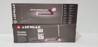 12 X BRAND NEW PURPLE AIRWALK FOLDING SCOOTERS - LIGHT UP LED WHEELS - ALLOY DECK - ADJUSTABLE HANDLE BARS AND CARRY BAG - IN 2 BOXES OF 6