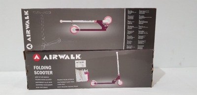 12 X BRAND NEW PURPLE AIRWALK FOLDING SCOOTERS - LIGHT UP LED WHEELS - ALLOY DECK - ADJUSTABLE HANDLE BARS AND CARRY BAG - IN 2 BOXES OF 6