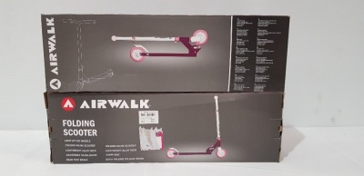 12 X BRAND NEW PURPLE AIRWALK FOLDING SCOOTERS - LIGHT UP LED WHEELS - ALLOY DECK - ADJUSTABLE HANDLE BARS AND CARRY BAG - IN 2 BOXES OF 6