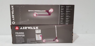 12 X BRAND NEW PURPLE AIRWALK FOLDING SCOOTERS - LIGHT UP LED WHEELS - ALLOY DECK - ADJUSTABLE HANDLE BARS AND CARRY BAG - IN 2 BOXES OF 6