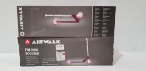 12 X BRAND NEW PURPLE AIRWALK FOLDING SCOOTERS - LIGHT UP LED WHEELS - ALLOY DECK - ADJUSTABLE HANDLE BARS AND CARRY BAG - IN 2 BOXES OF 6