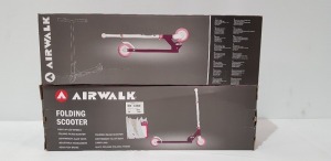 12 X BRAND NEW PURPLE AIRWALK FOLDING SCOOTERS - LIGHT UP LED WHEELS - ALLOY DECK - ADJUSTABLE HANDLE BARS AND CARRY BAG - IN 2 BOXES OF 6