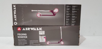 12 X BRAND NEW PURPLE AIRWALK FOLDING SCOOTERS - LIGHT UP LED WHEELS - ALLOY DECK - ADJUSTABLE HANDLE BARS AND CARRY BAG - IN 2 BOXES OF 6