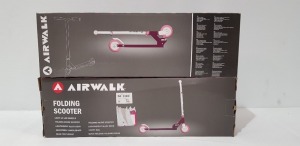 12 X BRAND NEW PURPLE AIRWALK FOLDING SCOOTERS - LIGHT UP LED WHEELS - ALLOY DECK - ADJUSTABLE HANDLE BARS AND CARRY BAG - IN 2 BOXES OF 6