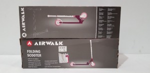 12 X BRAND NEW PURPLE AIRWALK FOLDING SCOOTERS - LIGHT UP LED WHEELS - ALLOY DECK - ADJUSTABLE HANDLE BARS AND CARRY BAG - IN 2 BOXES OF 6