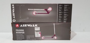 12 X BRAND NEW PURPLE AIRWALK FOLDING SCOOTERS - LIGHT UP LED WHEELS - ALLOY DECK - ADJUSTABLE HANDLE BARS AND CARRY BAG - IN 2 BOXES OF 6