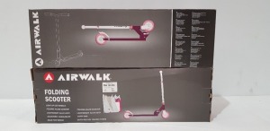 12 X BRAND NEW PURPLE AIRWALK FOLDING SCOOTERS - LIGHT UP LED WHEELS - ALLOY DECK - ADJUSTABLE HANDLE BARS AND CARRY BAG - IN 2 BOXES OF 6