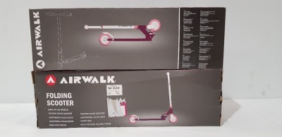 12 X BRAND NEW PURPLE AIRWALK FOLDING SCOOTERS - LIGHT UP LED WHEELS - ALLOY DECK - ADJUSTABLE HANDLE BARS AND CARRY BAG - IN 2 BOXES OF 6