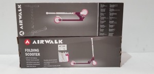 12 X BRAND NEW PURPLE AIRWALK FOLDING SCOOTERS - LIGHT UP LED WHEELS - ALLOY DECK - ADJUSTABLE HANDLE BARS AND CARRY BAG - IN 2 BOXES OF 6