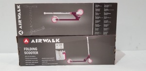 12 X BRAND NEW PURPLE AIRWALK FOLDING SCOOTERS - LIGHT UP LED WHEELS - ALLOY DECK - ADJUSTABLE HANDLE BARS AND CARRY BAG - IN 2 BOXES OF 6