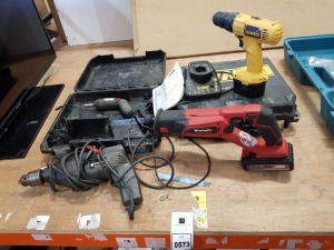 3 PIECE MIXED TOOL LOT CONTAINIG 1 X DEWALT COMBI DRILL WITH CHARGER AND CARRY CASE / 1 X BLACK AND DECKER HAMMER DRILL WITH CARRY CASE AND 1 X EINHELL RECIPRICATING SAW WITH BATTERY ( NO CHARGER )