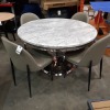 1 X BRAND NEW DINING SET TO INCLUDE 1 ROUND GRANITE TOP TABLE WITH CHROME BASE DIAMETER 130CM HEIGHT 78CM- 4 ITALIAN REAL LEATHER CHAIRS