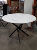 1 X BRAND NEW ROUND MARBLE EFFECT / WOODEN TABLE WITH METAL CRISS CROSS SHAPED LEGS - DIAMETER 100CM - HEIGHT 75CM